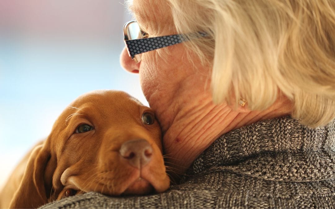 Senior woman holding brown dog